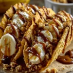 Caramel banana nuts tacos with nuts and toppings on a plate