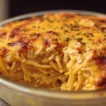Delicious cheesy chicken spaghetti bake ready to serve.