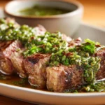 Juicy Chimichurri Steak with vibrant green sauce on a plate