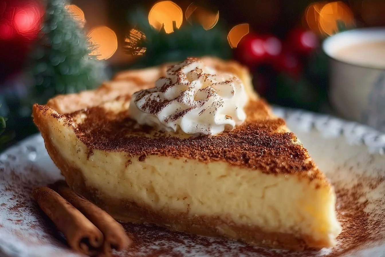 Christmas Eve cinnamon-vanilla custard pie slice on a festive table