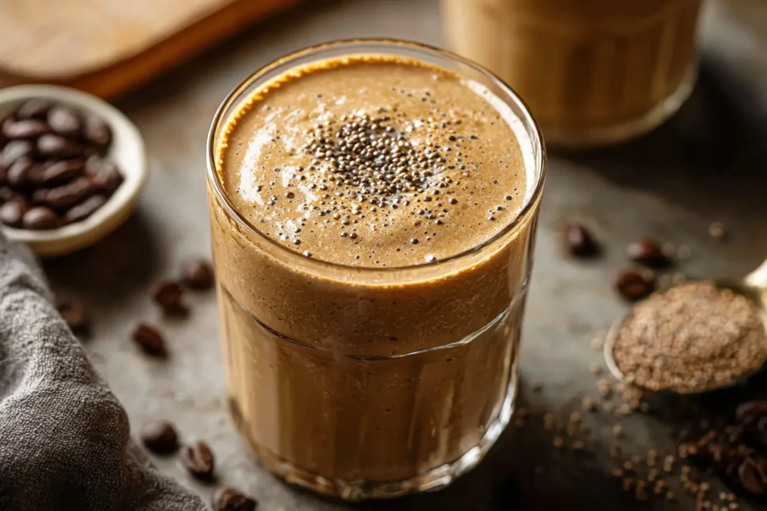 Delicious coffee protein smoothie in a glass with coffee beans and protein powder.