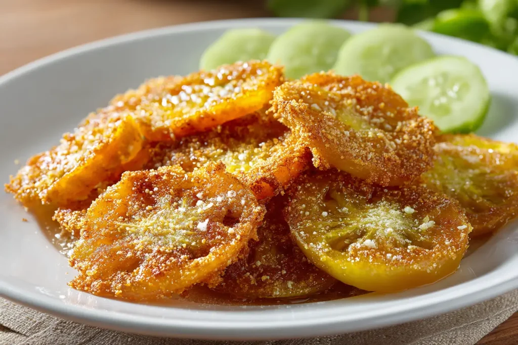 Fried green tomato slice dipped in creamy sauce with more crispy slices on a plate