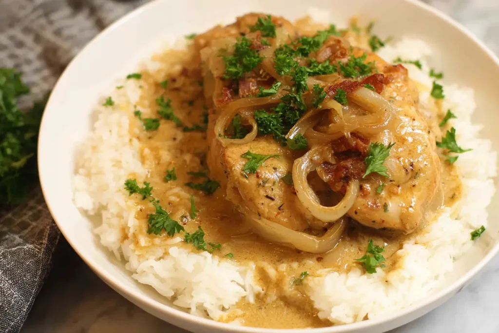 Southern smothered chicken over rice with gravy, green beans and cornbread