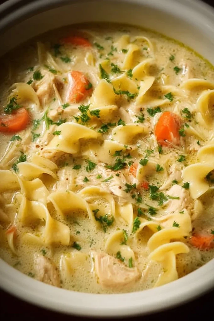 Bowl of creamy chicken noodle soup with herbs and noodles