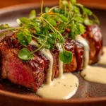 Creamy garlic sauce steak served on a plate with herbs.