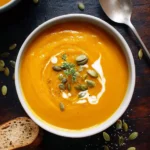 Bowl of creamy roasted pumpkin soup garnished with herbs