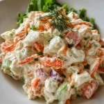 Creamy seafood salad with imitation crab served in a bowl