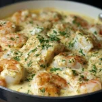 Creamy shrimp and cod skillet dish garnished with herbs
