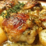 Delicious creamy thyme chicken thighs served with roasted potatoes