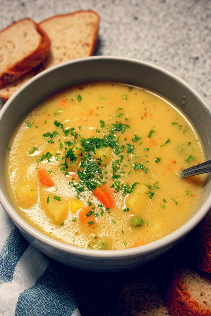 Bowl of creamy vegetable soup with fresh vegetables and herbs