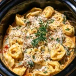 Bowl of crockpot creamy tortellini garnished with parsley