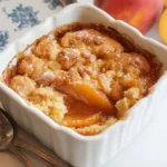 Easy Bisquick peach cobbler recipe baked golden brown in a rustic dish