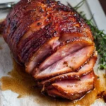 Deliciously glazed easy honey baked ham on a festive serving platter.