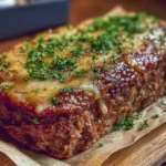 Delicious French onion meatloaf topped with melted Swiss cheese