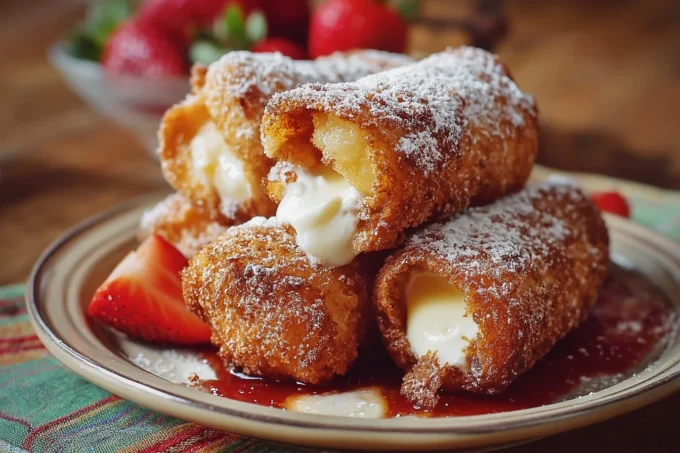 Delicious Fried Cheesecake Roll-Ups with crispy coating and creamy filling