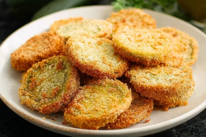 Crispy fried green tomatoes recipe served on a rustic plate with dipping sauce