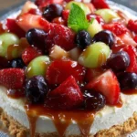 Delicious fruit cheesecake dessert topped with fresh berries.