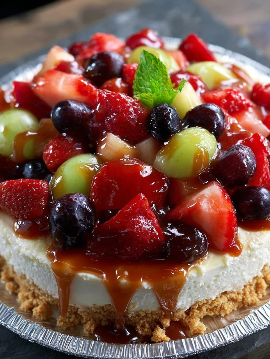 Delicious fruit cheesecake dessert topped with fresh berries.
