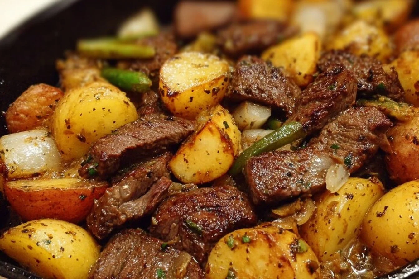 Garlic Butter Steak and Potatoes Skillet dish served on a plate