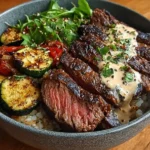 Delicious grilled steak bowl with fresh vegetables and grains