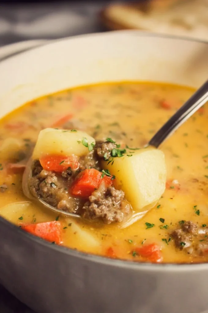 Bowl of Hamburger Potato Soup garnished with herbs and served hot.