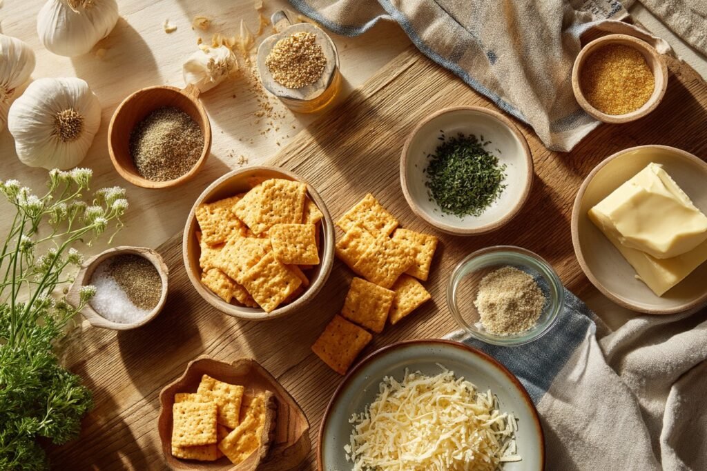 Flat lay of the ingredients for Garlic Bread Ritz Bits, including Ritz crackers, cheese, garlic, butter, and seasonings.