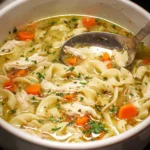 Bowl of Instant Pot Chicken Noodle Soup with vegetables and noodles