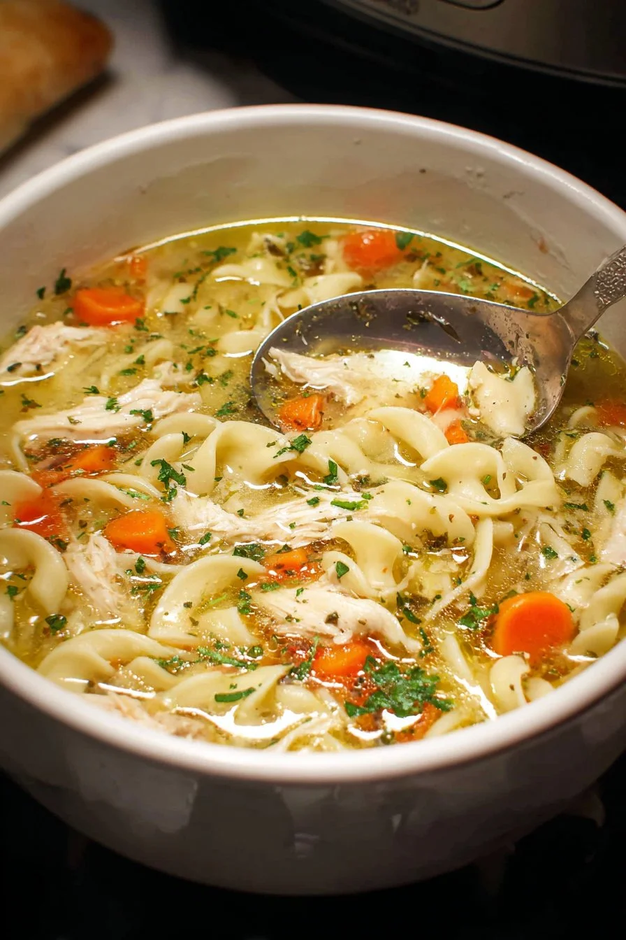 Bowl of Instant Pot Chicken Noodle Soup with vegetables and noodles