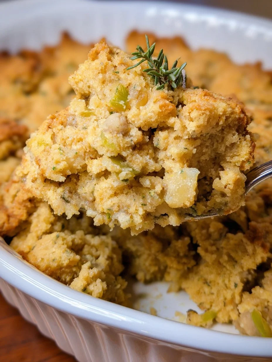 Mamaw's cornbread dressing served in a bowl with herbs and spices