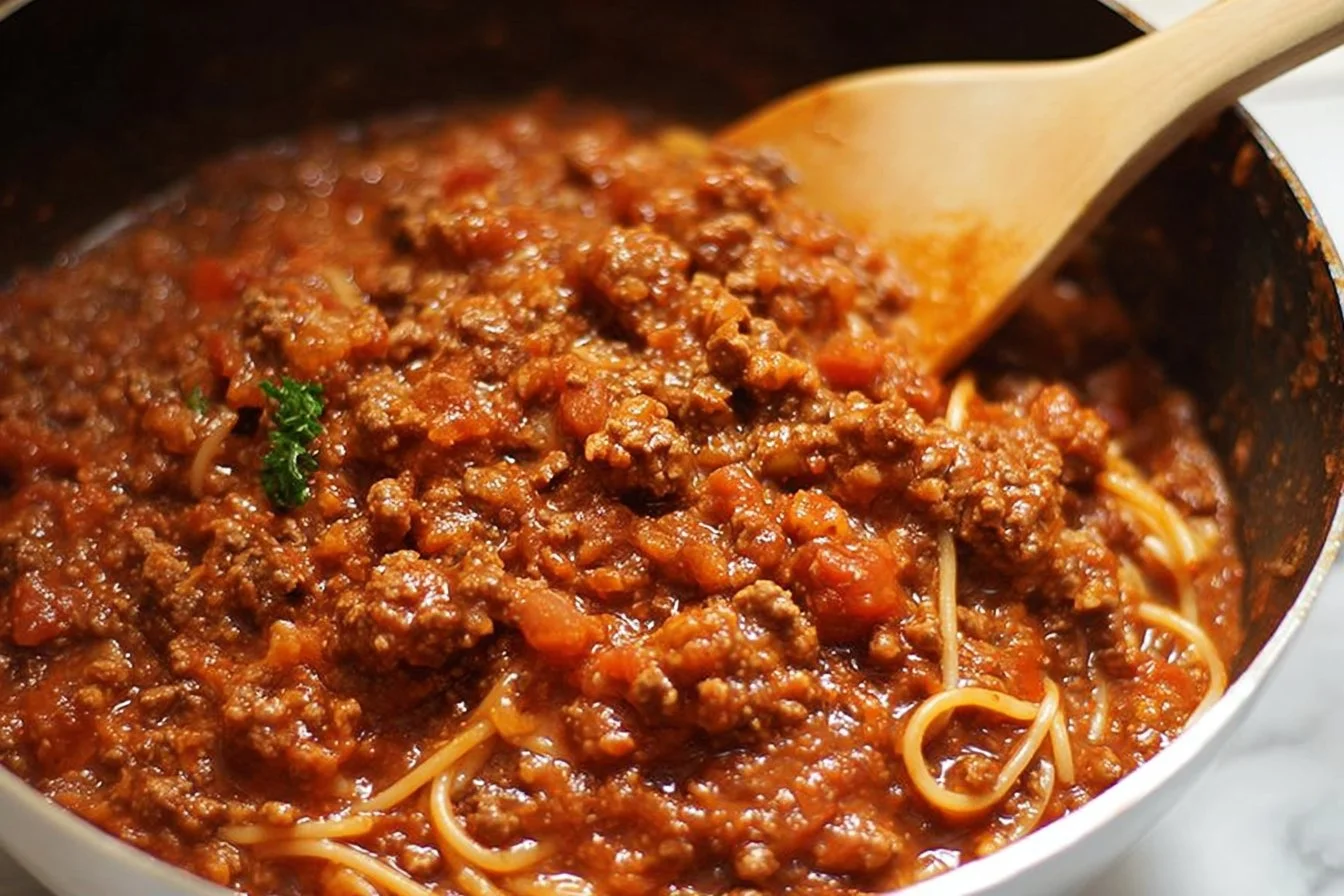 Homemade meat sauce served over pasta with fresh herbs