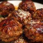 Cheesy meatballs served in a bowl with marinara sauce and herbs
