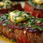 Delicious pan seared steak with garlic butter on a plate