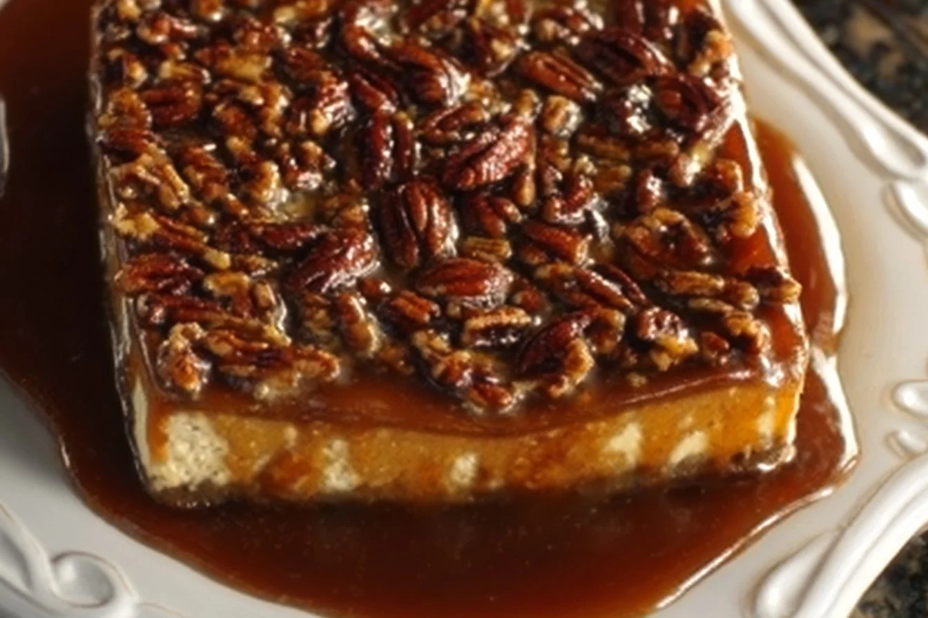 Delicious pecan pie cheesecake topped with caramel and pecans