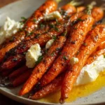 Plate of roasted carrots topped with whipped ricotta and hot honey