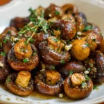 Plate of roasted mushrooms in browned butter sauce garnished with herbs