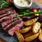 Delicious Sirloin Steak Provençal served with roasted vegetables and garlic aioli