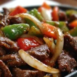Sizzling Chinese pepper steak with onions served on a plate
