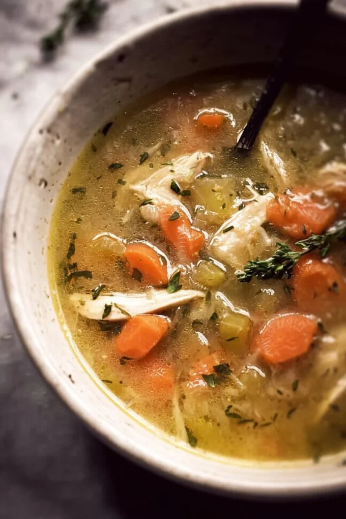 A bowl of Slow Cooker Hearty Chicken Soup with vegetables and herbs.