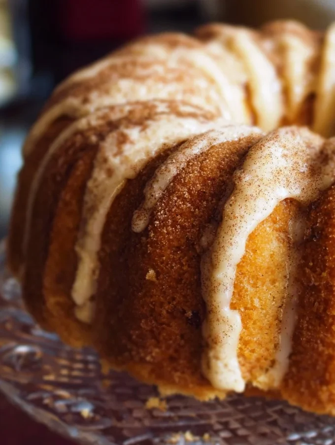 Homemade snickerdoodle bundt cake topped with cinnamon sugar glaze