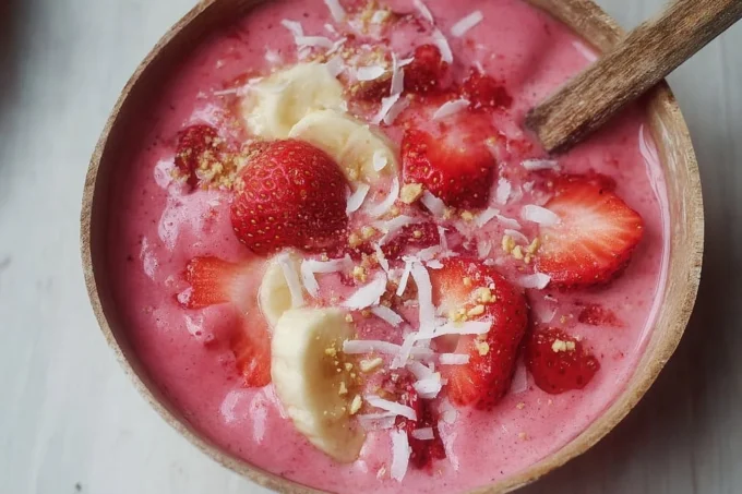 Delicious strawberry banana smoothie bowl garnished with fresh fruits and seeds