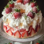 Slice of Strawberry Marshmallow Angel Cake topped with fresh strawberries