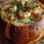 Stuffed seafood bread bowl filled with savory seafood mix and herbs