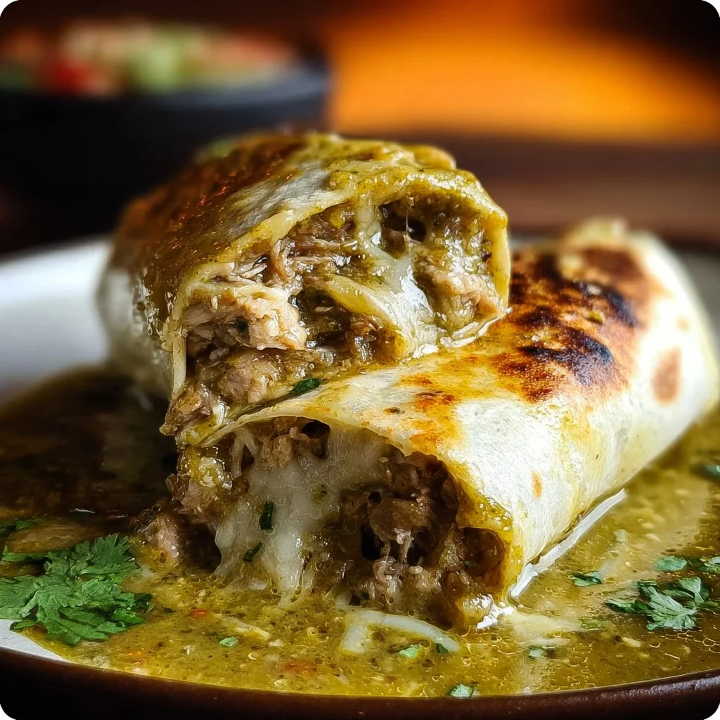 Delicious bean burritos smothered with green chile pork (Chile Verde) on a plate.