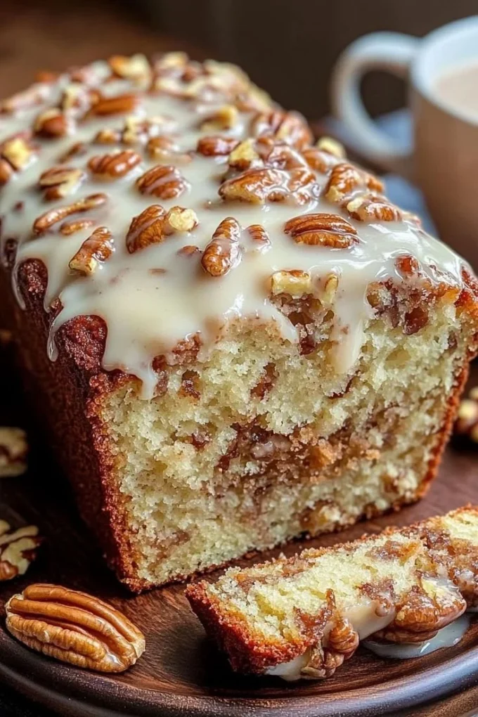 Delicious Butter Pecan Cake Loaf with pecans and creamy butter frosting