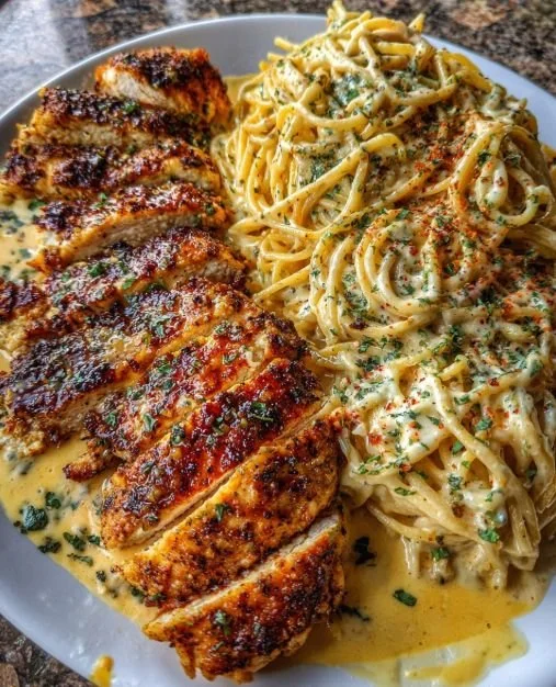 Plate of Cajun Chicken Spaghetti with vibrant seasoning and fresh ingredients