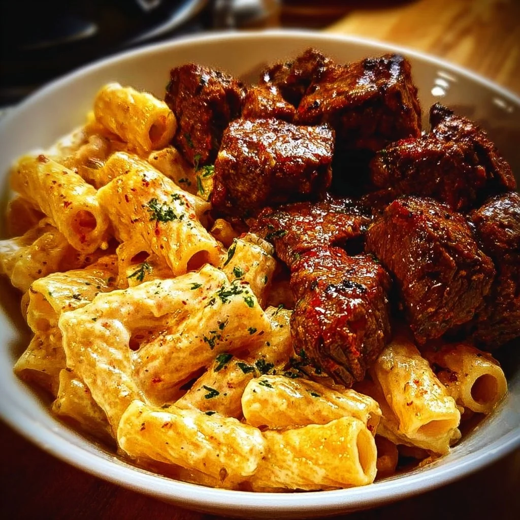 Delicious Cajun steak tips served with creamy cheesy rigatoni pasta