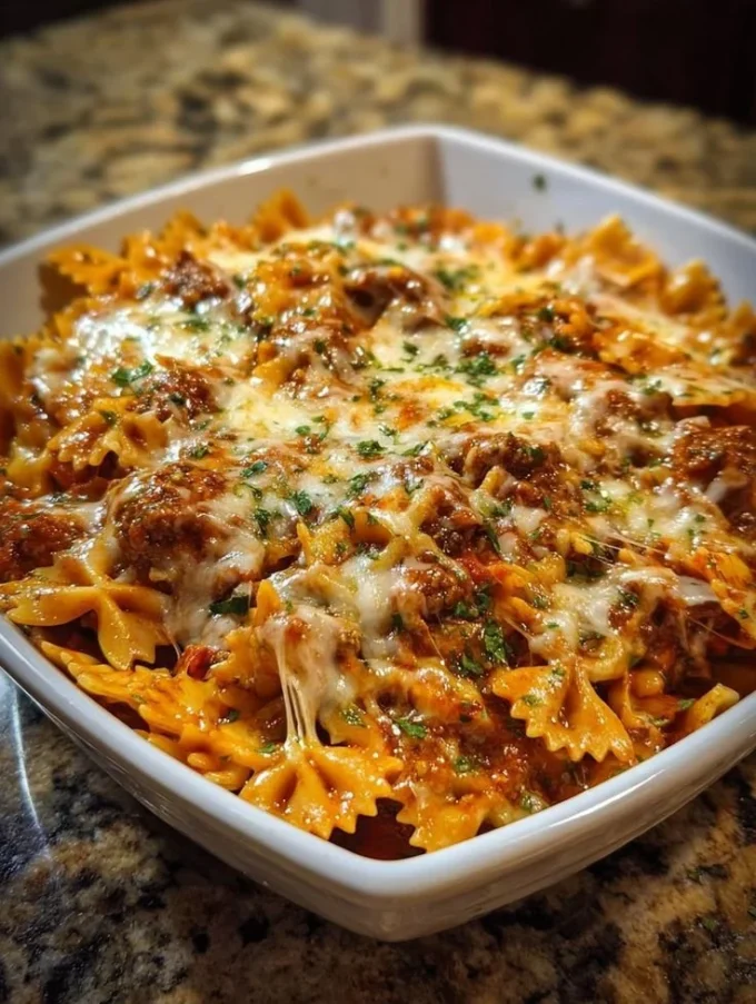 Delicious cheesy bowtie casserole in a baking dish, ready to serve