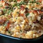 Delicious Chicken Rice Casserole served in a baking dish, garnished with herbs.