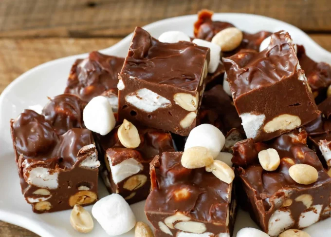 Classic Rocky Road Fudge with chocolate, nuts, and marshmallows