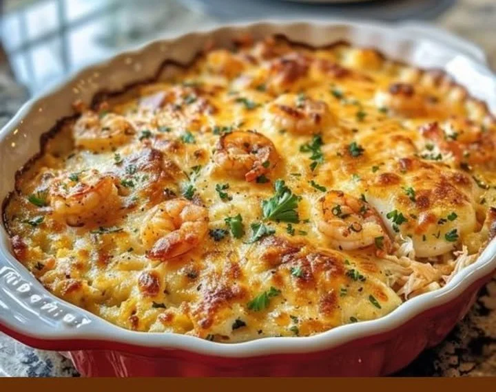 Delicious Crab and Shrimp Casserole topped with breadcrumbs and herbs